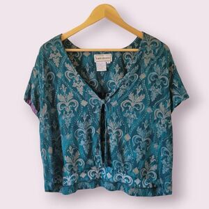 Vintage KARIN STEVENS Top Size 16 Fleur De Lis Print Batik Boho 1 Button Green